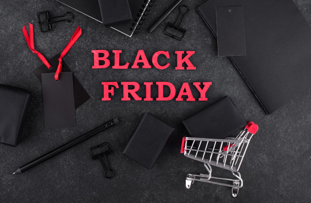 Black friday sale. Shopping concept with text and package boxes